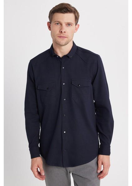 Erkek Regular Fit Rahat Kesim Çift Cepli Spor Yaka Denim Lacivert Gömlek fırsatları
