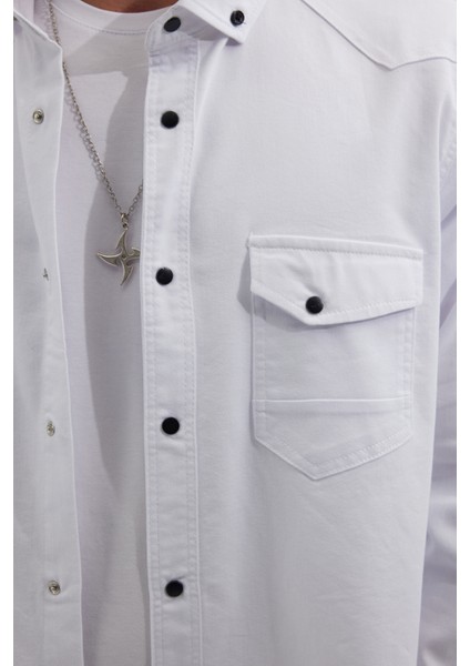 Erkek Regular Fit Rahat Kesim Çift Cepli Spor Yaka Denim Kırık Beyaz Gömlek modelleri