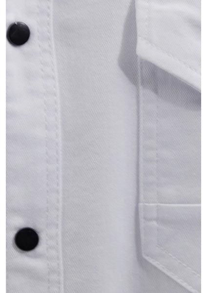 Erkek Regular Fit Rahat Kesim Çift Cepli Spor Yaka Denim Kırık Beyaz Gömlek