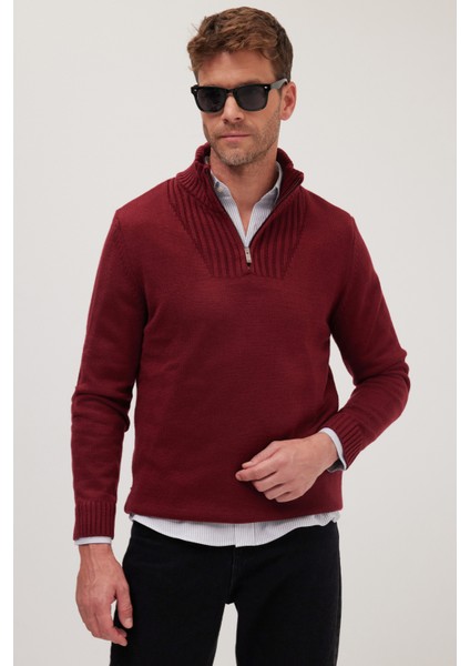 Erkek Slim Fit Dar Kesim Armürlü Fermuarlı Bordo Dik Yaka Kazak fiyatları