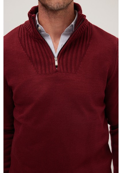 Erkek Slim Fit Dar Kesim Armürlü Fermuarlı Bordo Dik Yaka Kazak modelleri