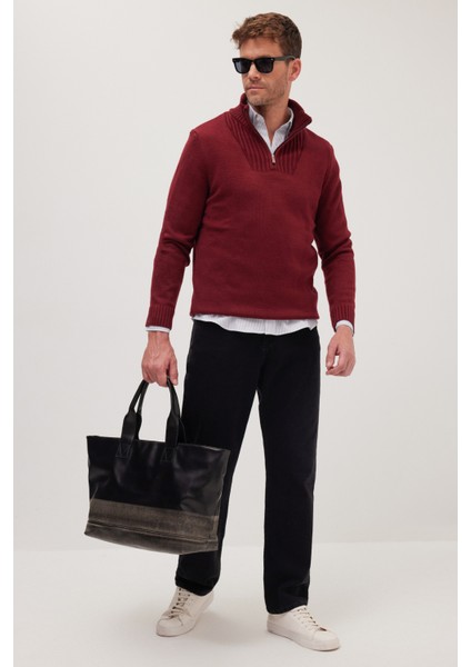Erkek Slim Fit Dar Kesim Armürlü Fermuarlı Bordo Dik Yaka Kazak fırsatları