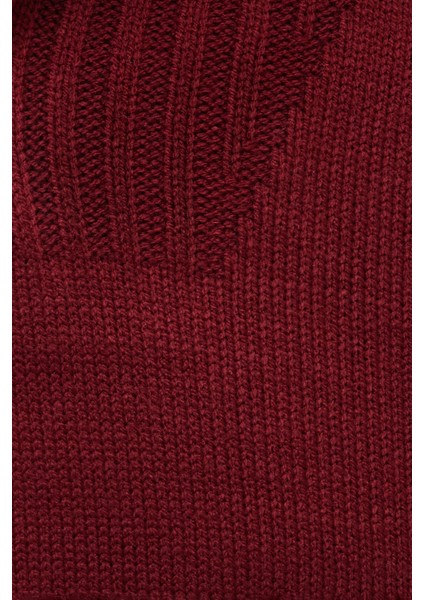 Erkek Slim Fit Dar Kesim Armürlü Fermuarlı Bordo Dik Yaka Kazak