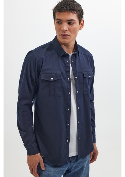 Erkek Slim Fit Uzun Kollu Spor Yaka Yıkamalı Çift Cepli Armürlü Denim Kot Lacivert Gömlek indirimleri