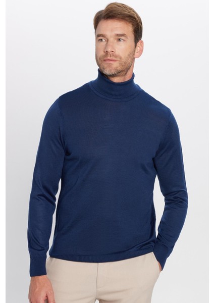 Erkek Slim Fit Dar Kesim Tam Balıkçı Yaka Düz Yün Lacivert Triko Kazak fiyatları