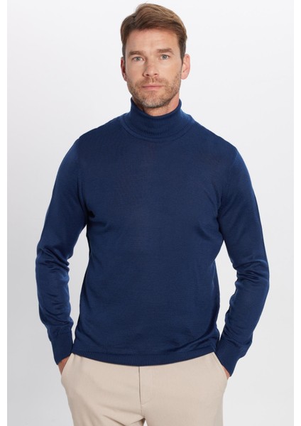 Erkek Slim Fit Dar Kesim Tam Balıkçı Yaka Düz Yün Lacivert Triko Kazak fırsatları