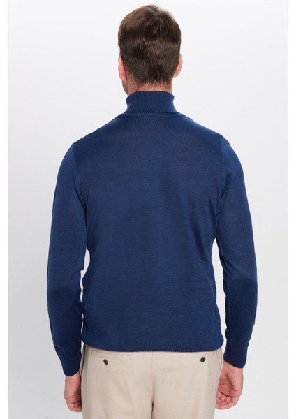 Erkek Slim Fit Dar Kesim Tam Balıkçı Yaka Düz Yün Lacivert Triko Kazak indirimleri