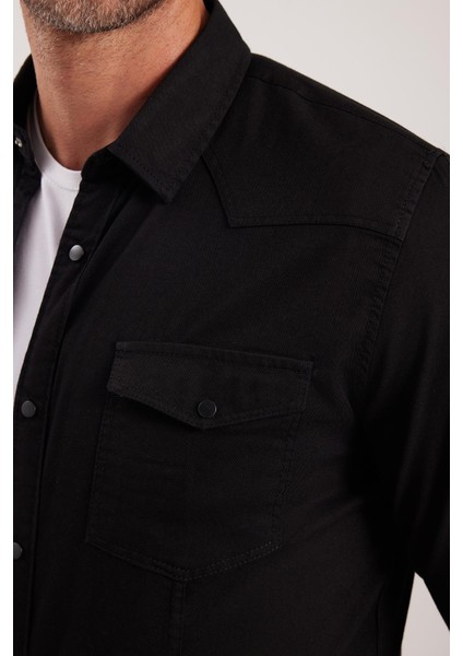 Slim Fit Uzun Kollu Gündelik Denim Kot Erkek Siyah Gömlek modelleri