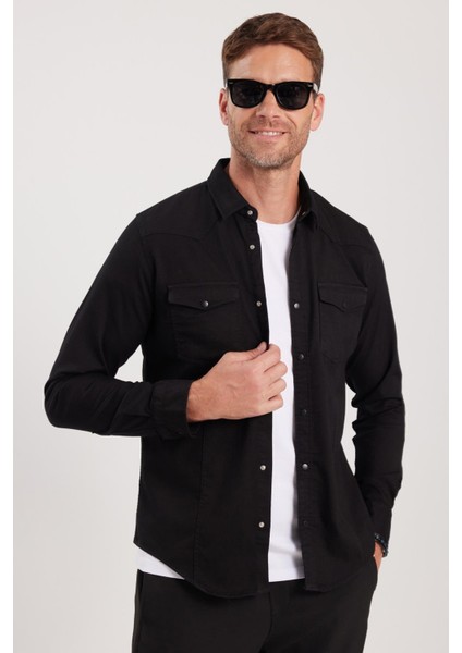 Slim Fit Uzun Kollu Gündelik Denim Kot Erkek Siyah Gömlek indirimleri