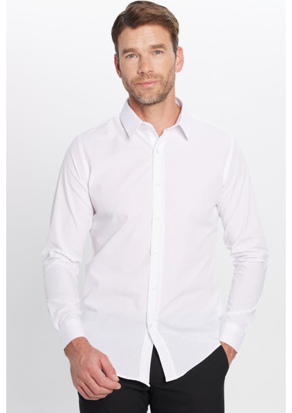 Erkek Slim Fit Dar Kesim Pamuklu Terry Cotton Kumaş Kolay Ütü Beyaz Gömlek