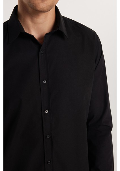 Erkek Slim Fit Dar Kesim Pamuklu Terry Cotton Kumaş Kolay Ütü Siyah Gömlek modelleri