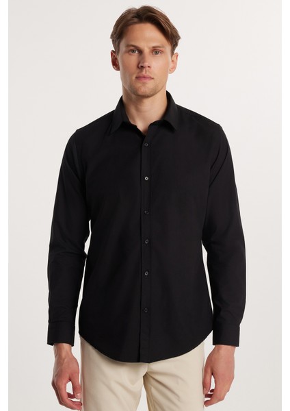 Erkek Slim Fit Dar Kesim Pamuklu Terry Cotton Kumaş Kolay Ütü Siyah Gömlek fırsatları