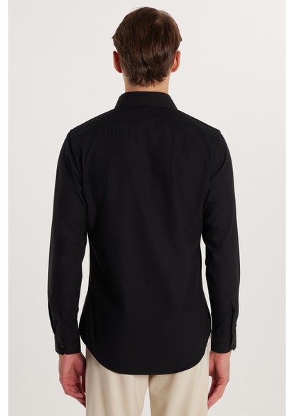 Erkek Slim Fit Dar Kesim Pamuklu Terry Cotton Kumaş Kolay Ütü Siyah Gömlek indirimleri