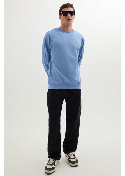 Erkek Relax Fit Rahat Kesim %100 Pamuk 2 İplik Bisiklet Yaka Mavi Sweatshirt fiyatları