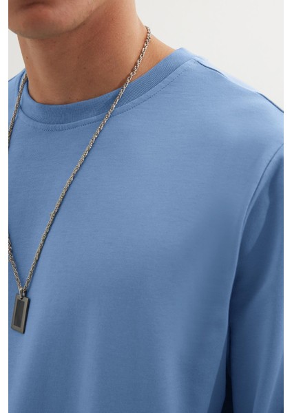 Erkek Relax Fit Rahat Kesim %100 Pamuk 2 İplik Bisiklet Yaka Mavi Sweatshirt modelleri