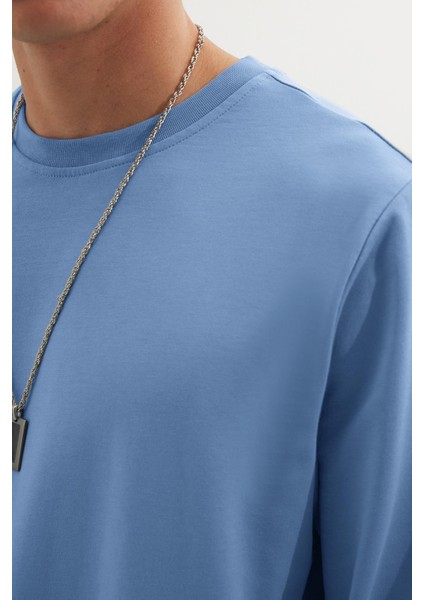 Erkek Relax Fit Rahat Kesim %100 Pamuk 2 İplik Bisiklet Yaka Mavi Sweatshirt