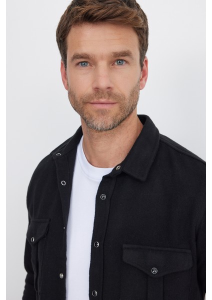 Slim Fit Uzun Kollu Kışlık Oduncu Çift Cep Kapaklı Düz Erkek Siyah Gömlek fiyatları