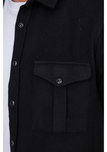 Slim Fit Uzun Kollu Kışlık Oduncu Çift Cep Kapaklı Düz Erkek Siyah Gömlek modelleri