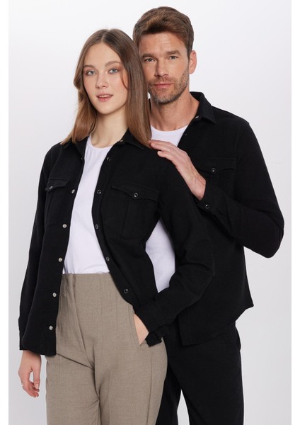 Slim Fit Uzun Kollu Kışlık Oduncu Çift Cep Kapaklı Düz Erkek Siyah Gömlek fırsatları