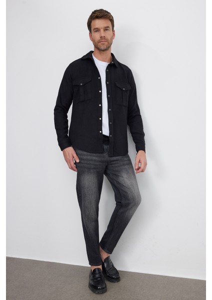 Slim Fit Uzun Kollu Kışlık Oduncu Çift Cep Kapaklı Düz Erkek Siyah Gömlek indirimleri