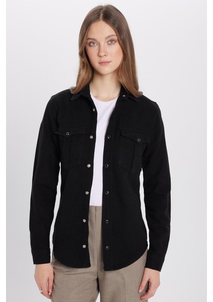 Slim Fit Uzun Kollu Kışlık Oduncu Çift Cep Kapaklı Düz Erkek Siyah Gömlek