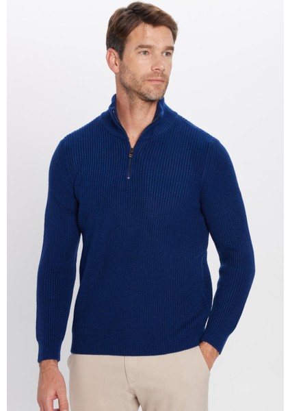 Erkek Slim Fit Dar Kesim Fermuarlı Lacivert Dik Yaka Triko Kazak fiyatları