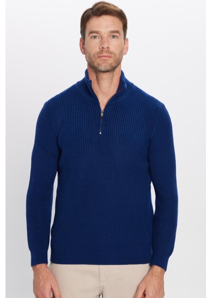 Erkek Slim Fit Dar Kesim Fermuarlı Lacivert Dik Yaka Triko Kazak fırsatları