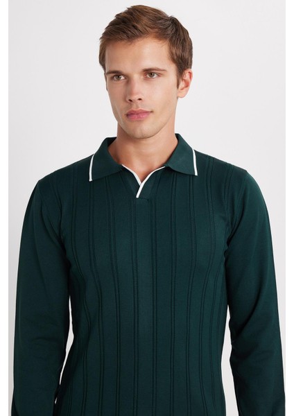 Erkek Slim Fit Dar Kesim Çizgi Detaylı Yeşil Polo Yaka Kazak fiyatları