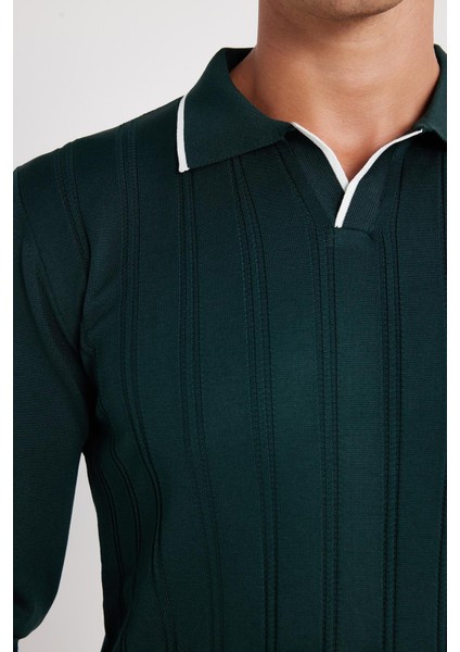 Erkek Slim Fit Dar Kesim Çizgi Detaylı Yeşil Polo Yaka Kazak modelleri