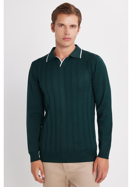 Erkek Slim Fit Dar Kesim Çizgi Detaylı Yeşil Polo Yaka Kazak fırsatları