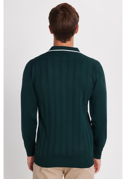 Erkek Slim Fit Dar Kesim Çizgi Detaylı Yeşil Polo Yaka Kazak indirimleri