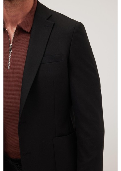 Erkek Slim Fit Mono Yaka Likralı Esnek Kumaş Siyah Takım Elbise modelleri