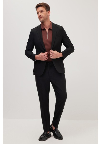 Erkek Slim Fit Mono Yaka Likralı Esnek Kumaş Siyah Takım Elbise fırsatları