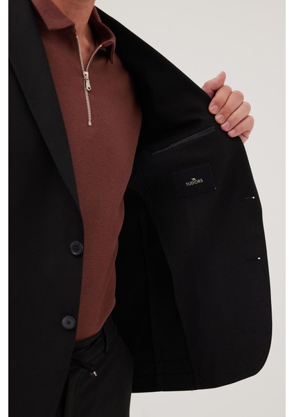 Erkek Slim Fit Mono Yaka Likralı Esnek Kumaş Siyah Takım Elbise