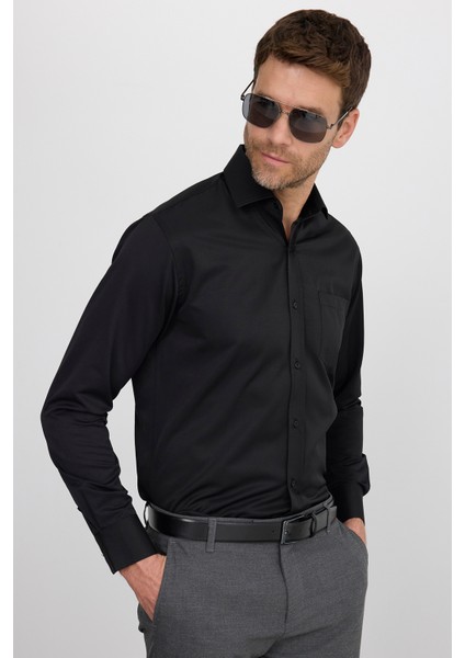 Klasik Fit Uzun Kollu Pamuklu Düz Erkek Siyah Gömlek fiyatları