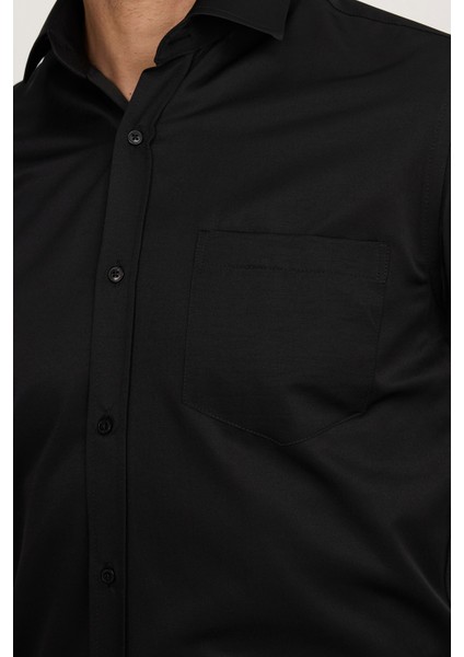 Klasik Fit Uzun Kollu Pamuklu Düz Erkek Siyah Gömlek modelleri