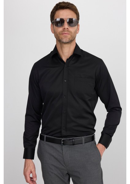 Klasik Fit Uzun Kollu Pamuklu Düz Erkek Siyah Gömlek indirimleri
