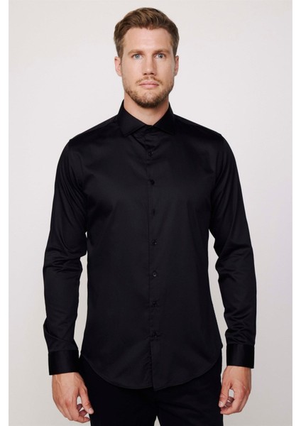 Slim Fit Uzun Kollu Koton Saten Premium Seri Erkek Siyah Gömlek fiyatları