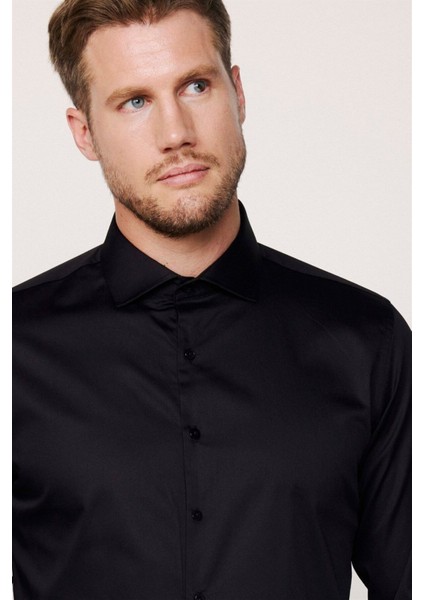 Slim Fit Uzun Kollu Koton Saten Premium Seri Erkek Siyah Gömlek modelleri