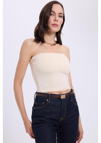 Kadın Slim Fit Dar Kesim Pamuklu Straplez Bej Bluz fiyatları