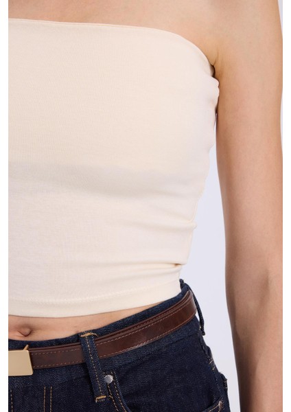 Kadın Slim Fit Dar Kesim Pamuklu Straplez Bej Bluz modelleri