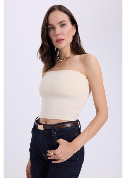 Kadın Slim Fit Dar Kesim Pamuklu Straplez Bej Bluz indirimleri