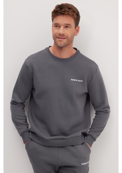 Erkek Relax Fit Pamuklu 3 İplik Yumuşak Dokulu İçi Polarlı Bisiklet Yaka Füme Eşofman Takımı