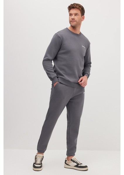 Erkek Relax Fit Pamuklu 3 İplik Yumuşak Dokulu İçi Polarlı Bisiklet Yaka Füme Eşofman Takımı fırsatları