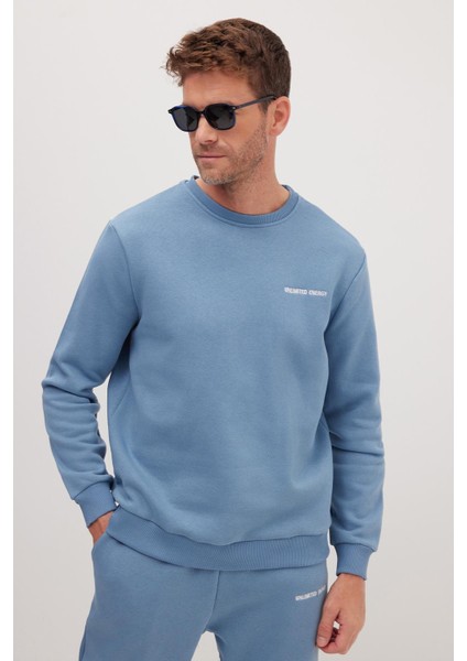 Erkek Relax Fit Pamuklu 3 İplik Yumuşak Dokulu İçi Polarlı Bisiklet Yaka Mavi Eşofman Takımı