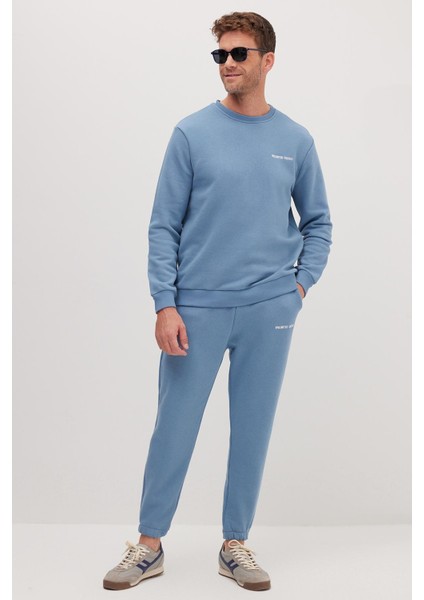 Erkek Relax Fit Pamuklu 3 İplik Yumuşak Dokulu İçi Polarlı Bisiklet Yaka Mavi Eşofman Takımı modelleri