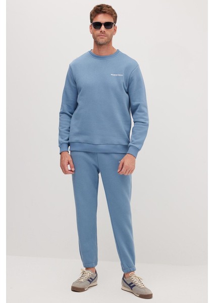Erkek Relax Fit Pamuklu 3 İplik Yumuşak Dokulu İçi Polarlı Bisiklet Yaka Mavi Eşofman Takımı fırsatları