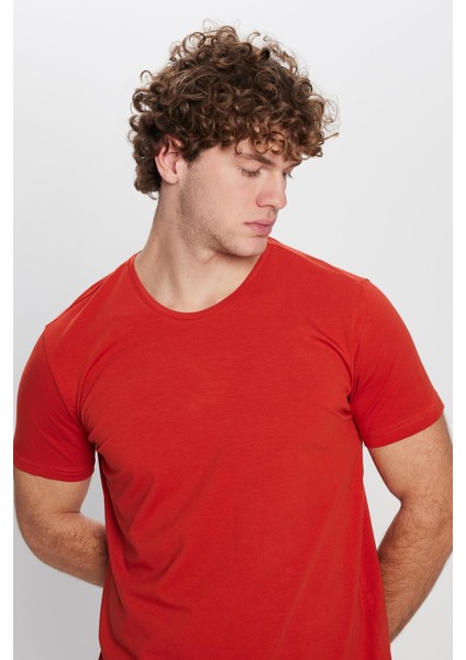 Erkek Slim Fit Dar Kesim Pamuklu Yumuşak Doku Likralı Esnek Kumaş Basic Kiremit Bisiklet Yaka Tişört fiyatları