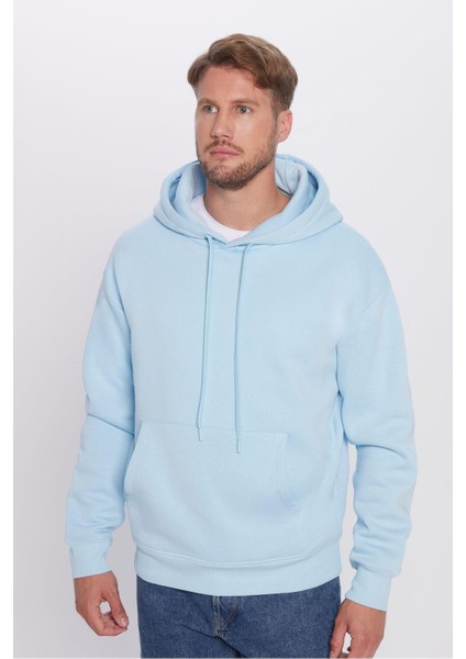 Unisex Oversize Geniş Kesim Pamuklu Yumuşak Dokulu İçi Polarlı Basic Mavi Kapüşonlu Sweatshirt fiyatları