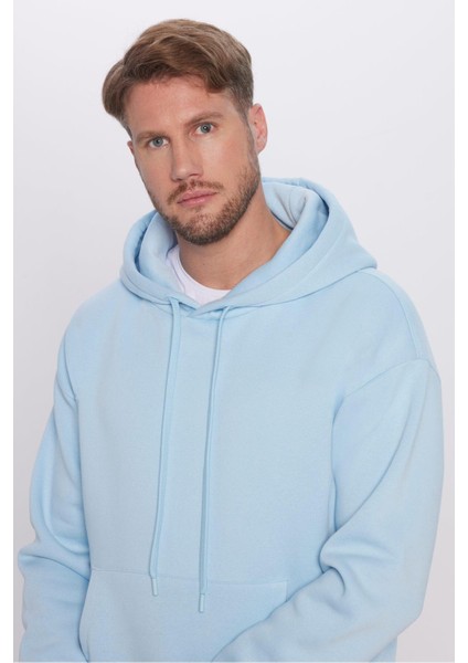 Unisex Oversize Geniş Kesim Pamuklu Yumuşak Dokulu İçi Polarlı Basic Mavi Kapüşonlu Sweatshirt modelleri